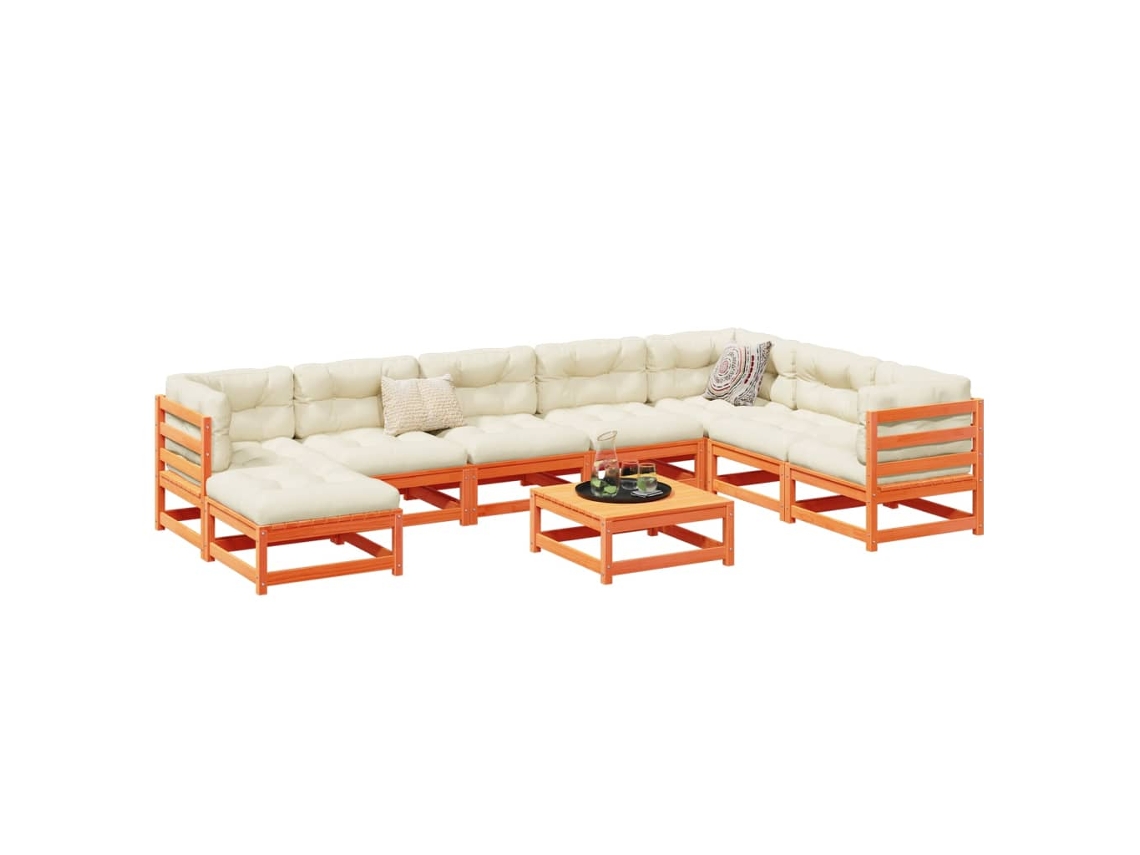 9 unidades Conj. Sofás Jardim C/ Almofadões Pinho Maciço Castanho Mel Dkd Home Decor
