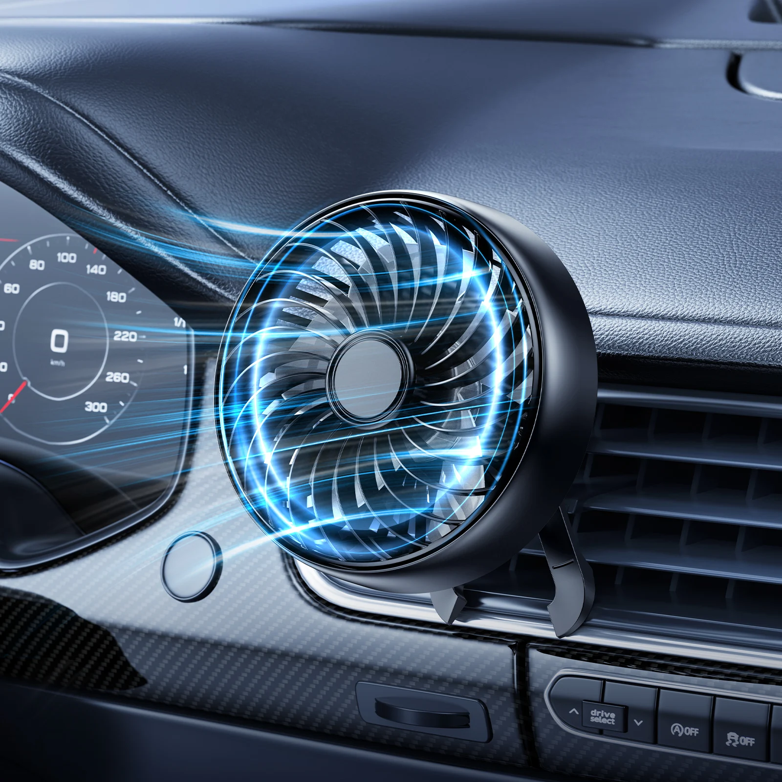 Ventilador de Carro com Luzes Coloridas, 3 Velocidades e Rotação de 360°. MDUG (preto)