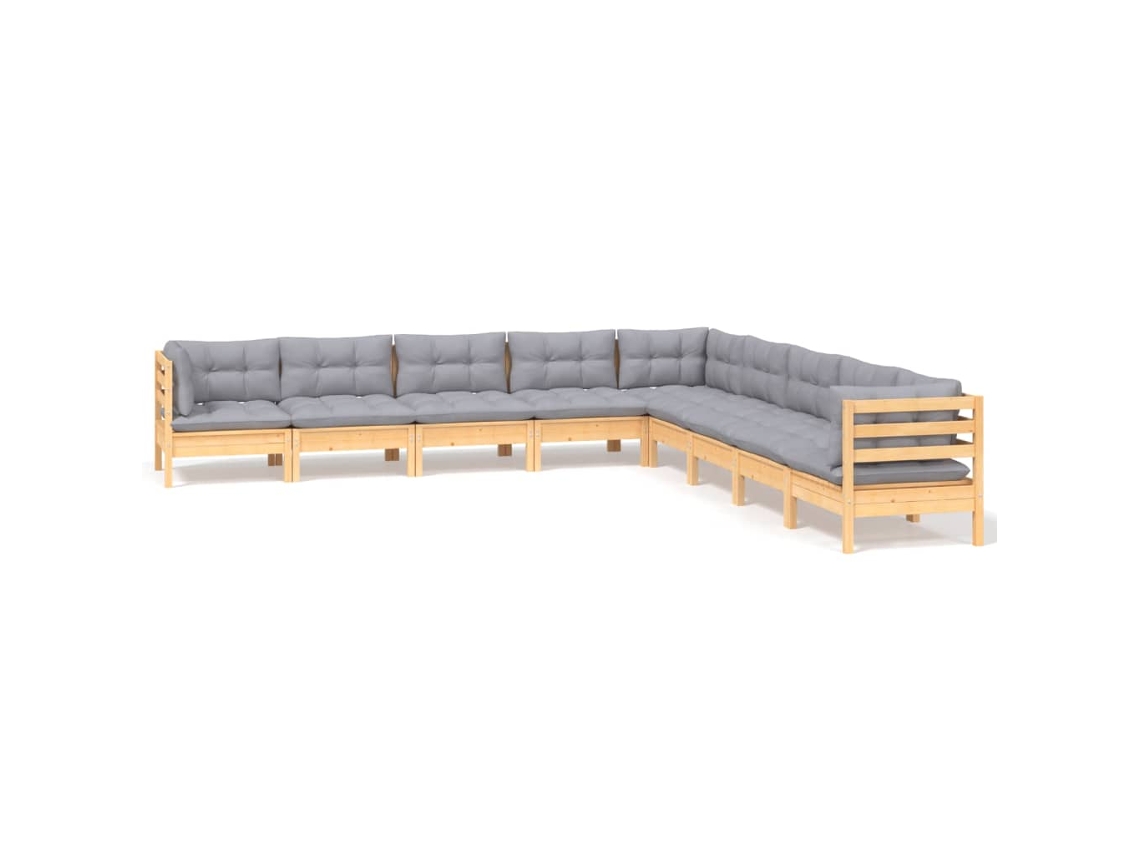 Conjunto de 9 Garden Lounge com Almofadões Cinza Pinho Maciço MAISON EXCLUSIVE