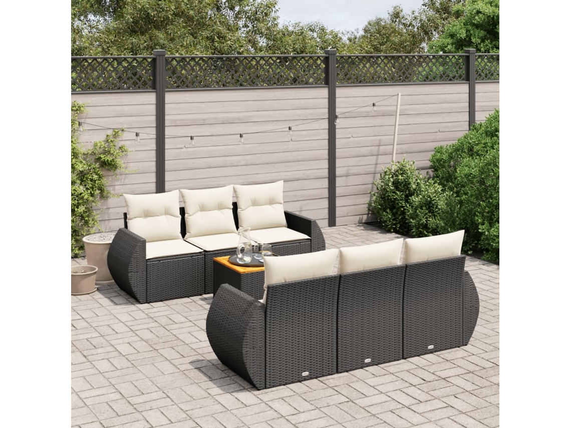 7 Pcs Conjunto De Sofás P/ Jardim C/ Almofadões Vime Pe Preto Dkd Home Decor