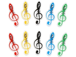 Conjunto de 10 alfinetes para partituras de piano em plástico ABS com símbolos musicais desenhados, resistentes e práticos.