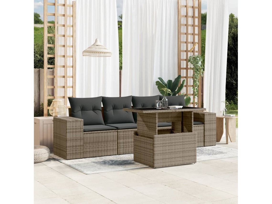 Vidaxl 5 Pcs Conjunto Sofás De Jardim C/ Almofadões Vime Pe Cinzento
