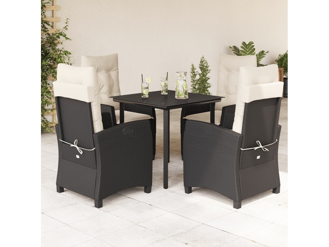 Vidaxl 5 Pcs Conjunto De Jantar P/ Jardim C/ Almofadões Vime Pe Preto