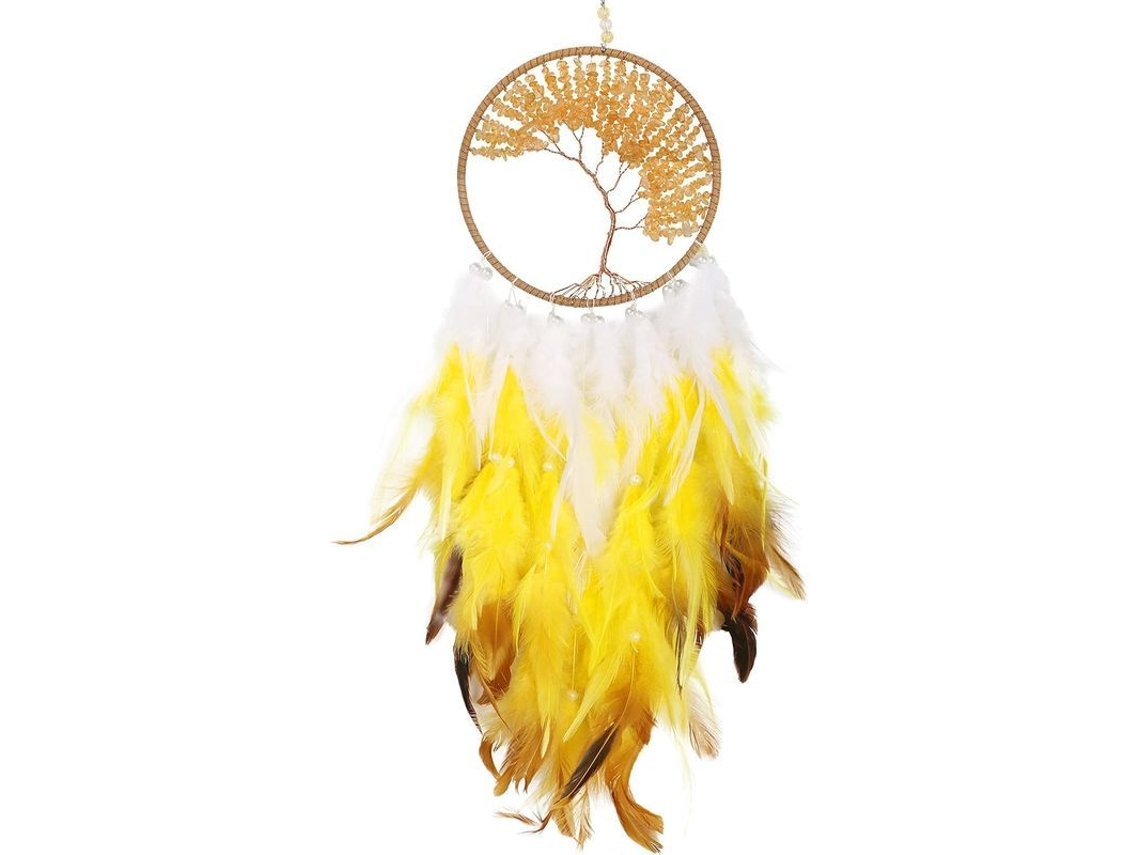 Cazador De Sonhos De Mão Com Penas Árvore Da Vida Decoração De Parede Quarto Infantil 70cm Amarelo