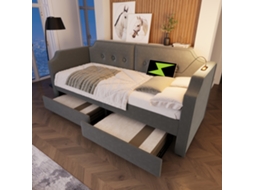 Sofá-cama Veludo Cinza 90x200 Cm, Led, Usb-c, 2 Gavetas, Multifuncional