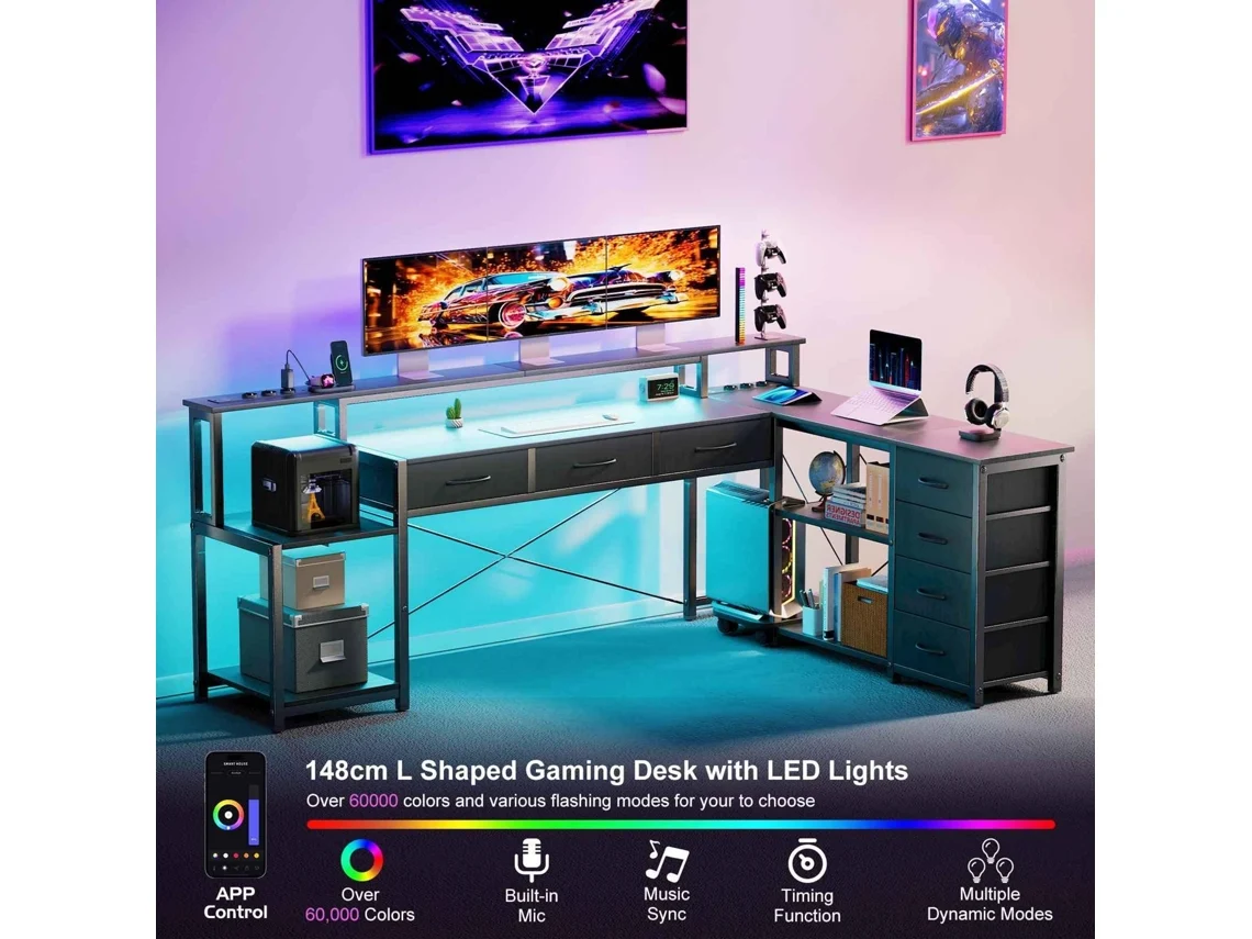 Secretária Em L 200cm Led Rgb App 7 Gavetas Suporte Monitor Tomadas Integradas Reversível Preta Gaming