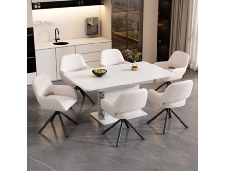 Conjunto De Jantar Com Mesa E 6 Cadeiras, Cadeiras Em Tecido Sherpa, Apoios Em Metal, Mesa Extensível Com Armazenamento, Retangular, Cor Branca Quenty