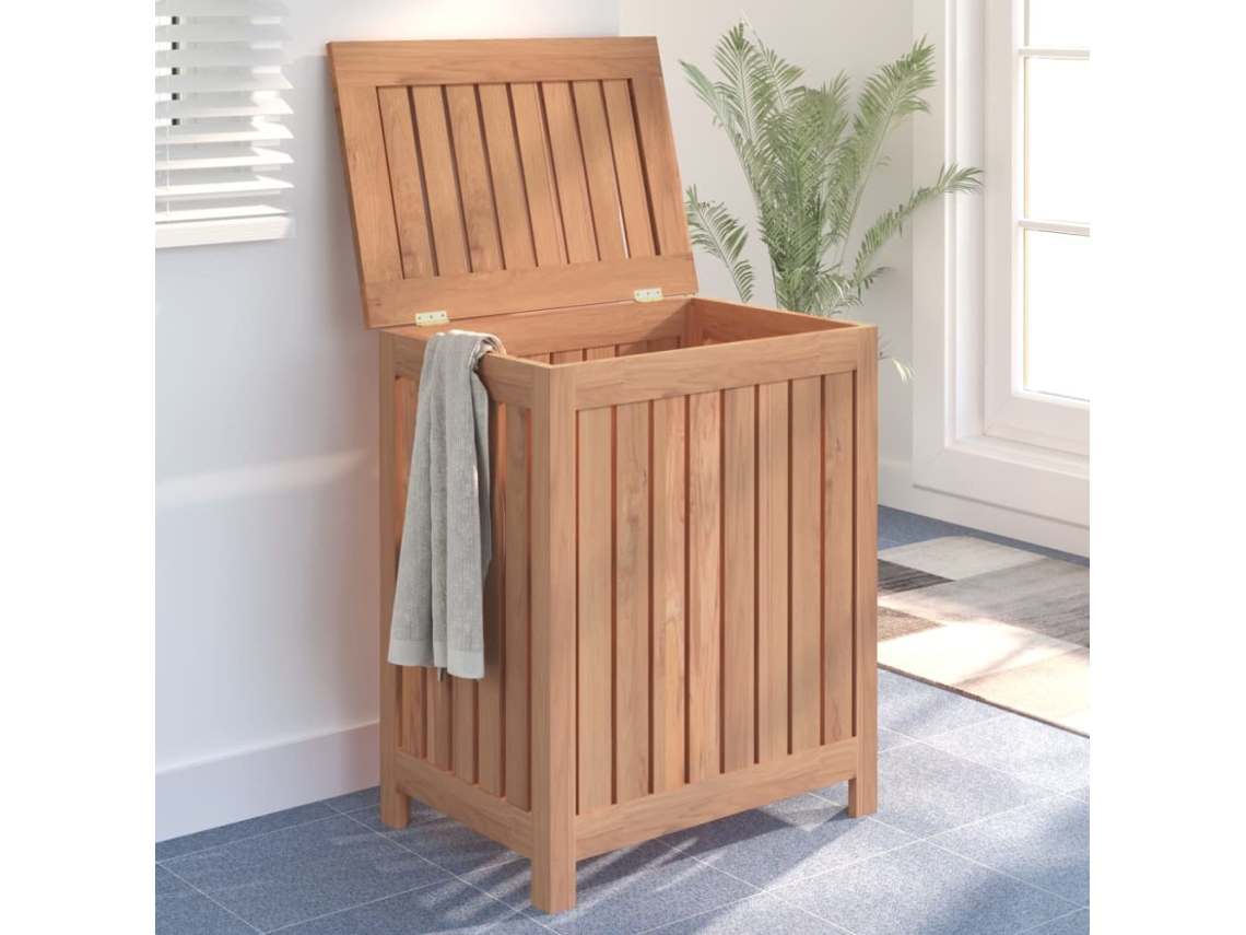Cesto De Roupa Suja 50x35x60 Cm Em Madeira Maciça De Teca, Para Organizar E Guardar Roupa Suja De Forma Prática