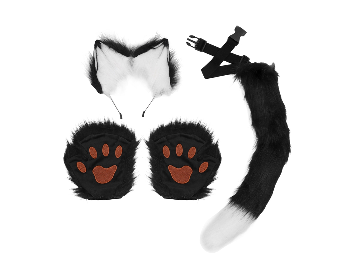 Conjunto de orelhas, patas e cauda em pele sintética de alta densidade para cosplay, carnaval, festa, preto e branco.