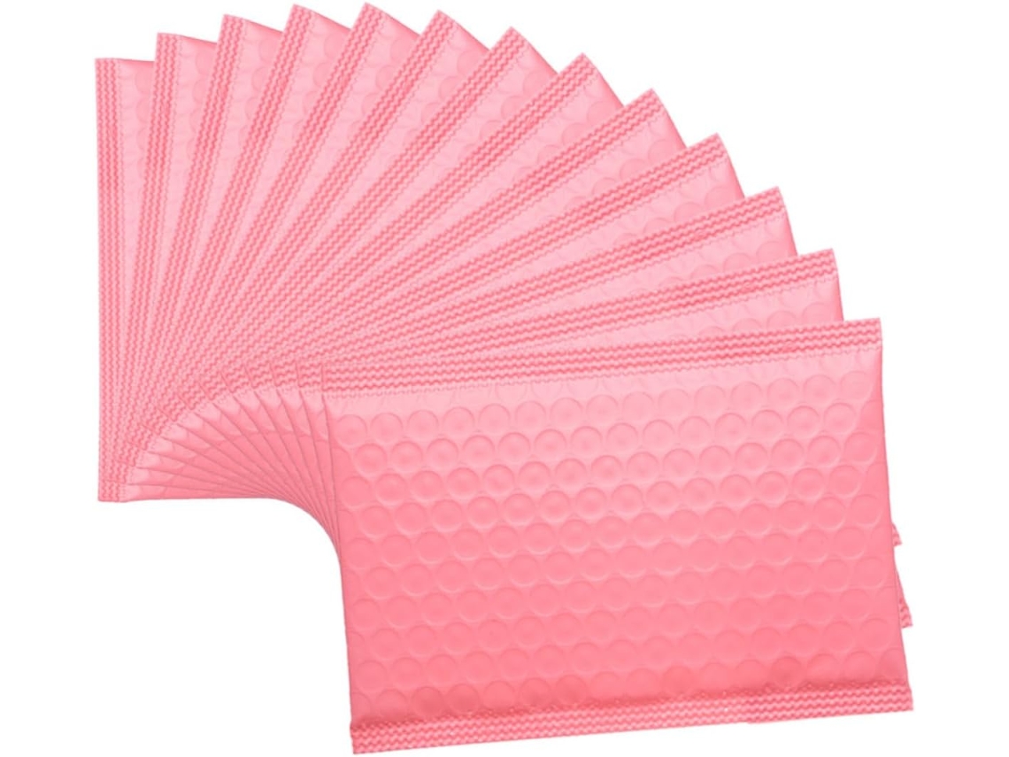 Envelopes de bolha rosa com fechamento fácil, pacote com 50 unidades, acolchoados e resistentes a rasgos.