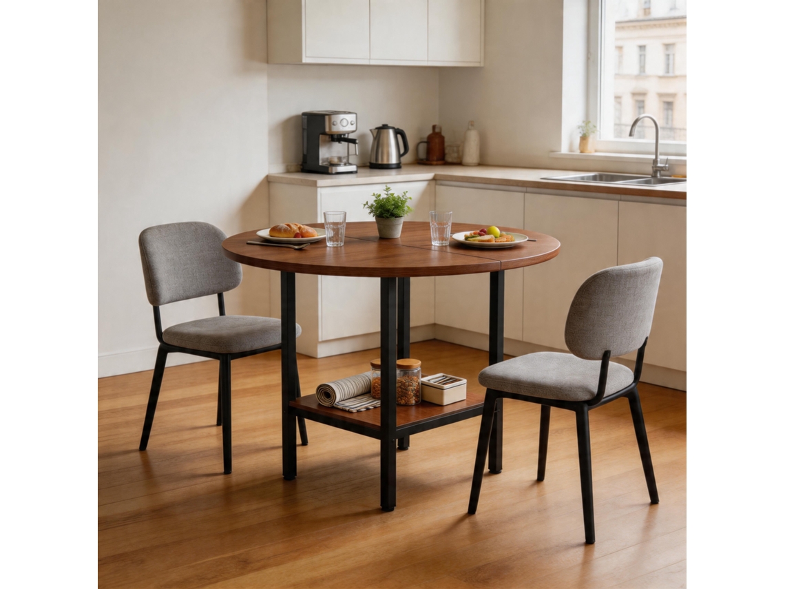 Mesa Redonda Com Arrumação, Madeira Nogueira E Metal, Ideal Para Cozinha E Espaços Pequenos
