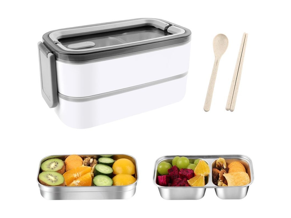 Caixa Bento, Aço Inoxidável, 304, Anti vazamento, 2 camadas, Talheres, Branco S/MARCA