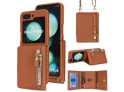 Capa Tkdaddy Para Samsung Galaxy Z Flip5 5g Com Suporte Para Cartão E Textura De Lichia, Capa De Telefone De Tpu Com Alça Longa Marrom