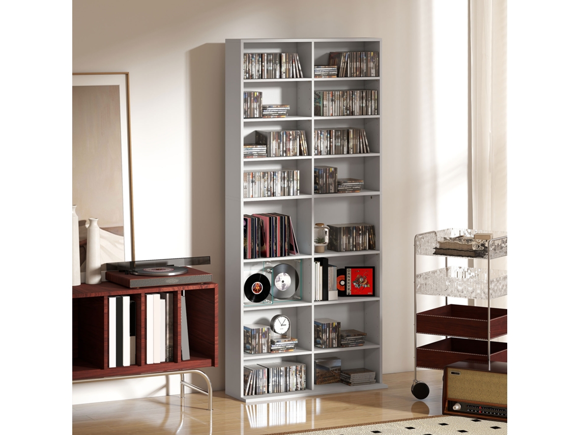 Scaffale Porta Cd Con 14 Ripiani Regolabili, Capacità Di 640 Cd/360 Dvd, 78.5x24x175 Cm, Bianco
