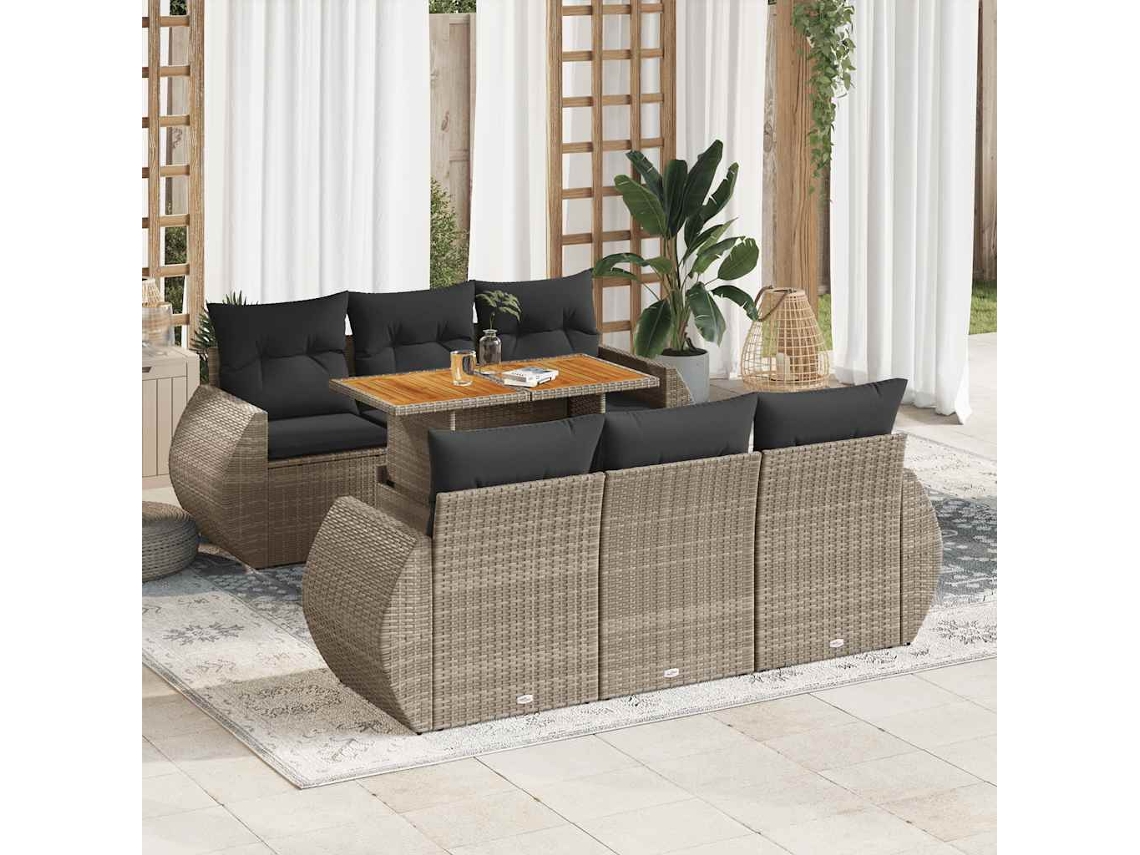 Vidaxl 7 Pcs Conjunto Sofás P/ Jardim C/ Almofadões Vime Pe Cinzento