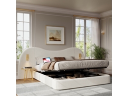 Cama Casal 180x200cm Hidráulica Usb Lâmpada Armazenamento Cabeceira Branca Bouclé