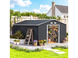 Abrigo de Jardim Metálico 340x386x20 0cm Refúgio para Armazenamento Ferramentas com Base Reforço Incluida Cinza