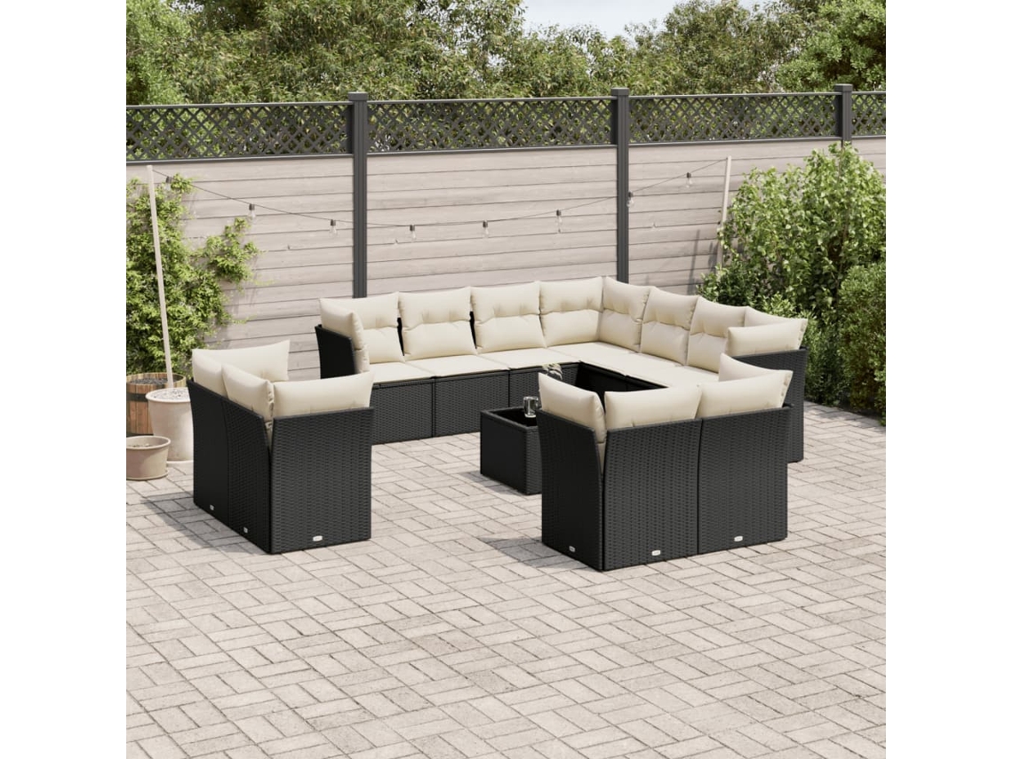 12 Pcs Conjunto De Sofá Jardim C/ Almofadões Vime Pe Preto Dkd Home Decor