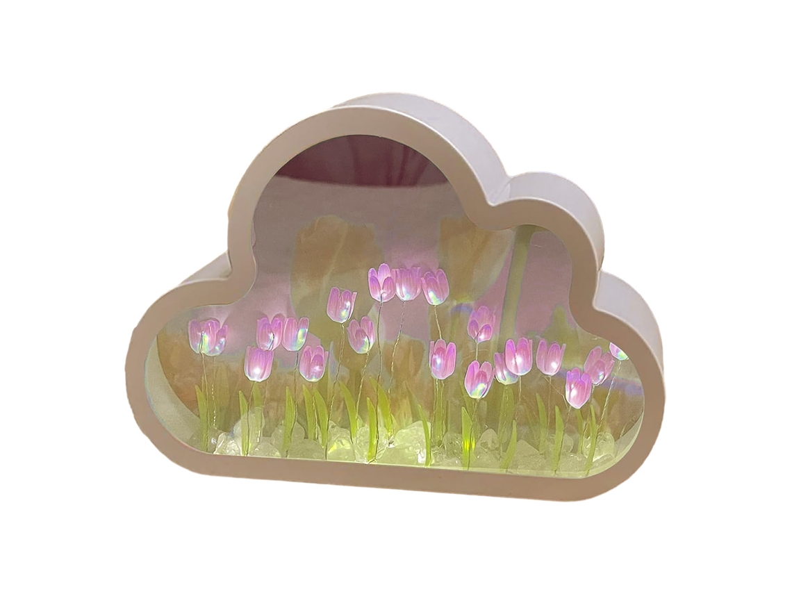 KOFIHETY Luminária De Tulipa Com Imagem Espelhada, Luz Noturna 2 Em 1 Com Design De Nuvem E Reflexo Infinito, Luminária De Led Artesanal Com Flores Para Decora