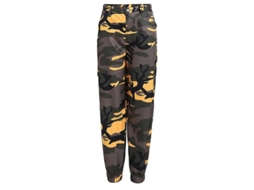 Calça cargo feminina Rebe camuflada, estilo hip hop, com bolsos amplos e largura no quadril, tamanho 2XL, amarela.
