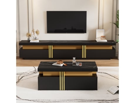Conjunto Preto Com Led Mesa De Centro Móvel Tv, Armazenamento Multifuncional (100x50x40cm) Panshiyuan (200x40x42cm)