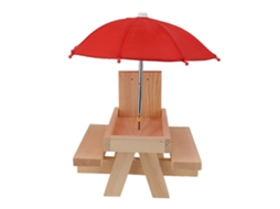 Mesa Comedouro de Pinho para Esquilos com Guarda Chuva Vermelha e Bancos Estável