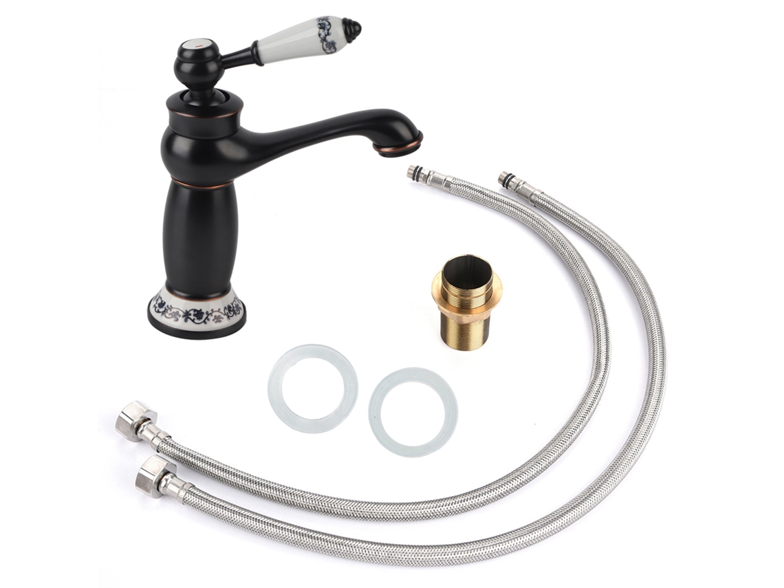 Torneira de Mistura MARCA com alça única, padrão floral, para pia de banheiro, água fria/quente, preta