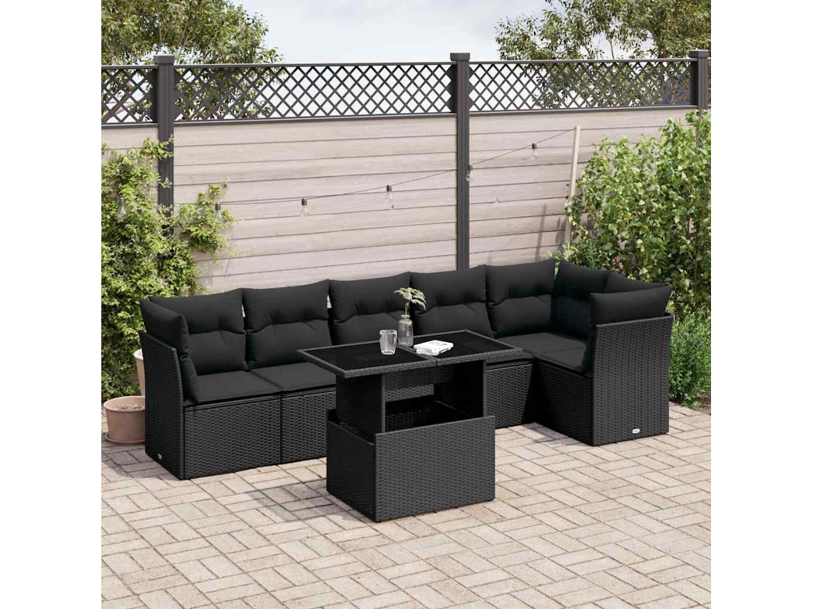 Vidaxl 7 Pcs Conjunto De Sofás P/ Jardim C/ Almofadões Vime Pe Preto