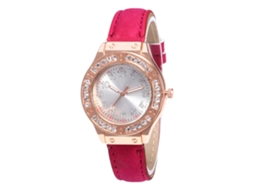 Relógio feminino de quartzo com pulseira de couro PU e mostrador vermelho rosado com diamantes Zhoulianfa