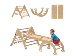 Triângulo De Escalada Infantil 8 Em 1 Com Rampa Dupla, Arco De De Madeira Com Escorregador E Cor Natural.