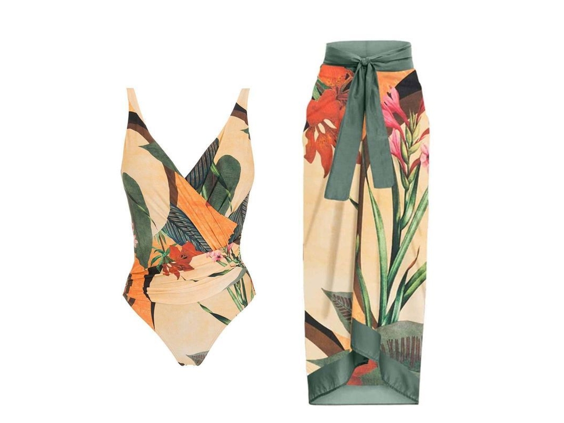 Traje De Baño Vintage De Dos Piezas Bikini Tankini Estampado Poliéster Sin Cremallera