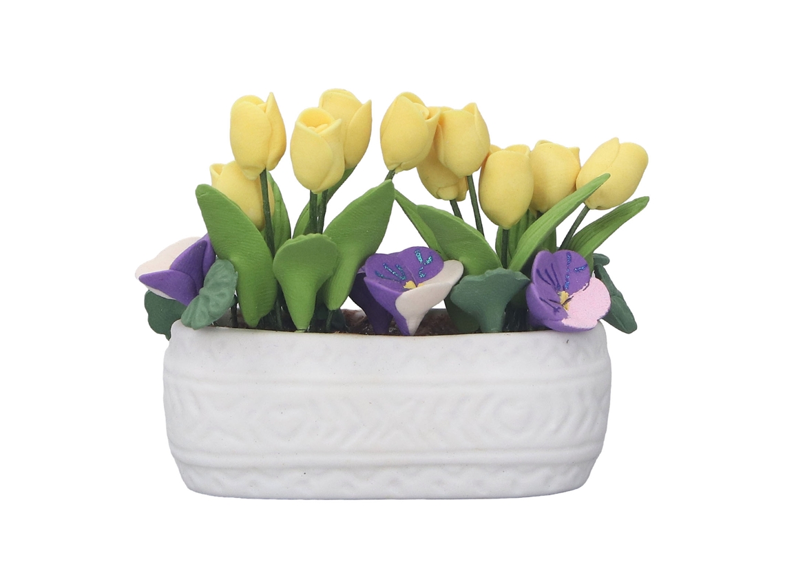 Mali flor de Tulipa Amarela de Argila Miniatura Vaso Cerâmica Decoração Casa de Bonecas 1/12