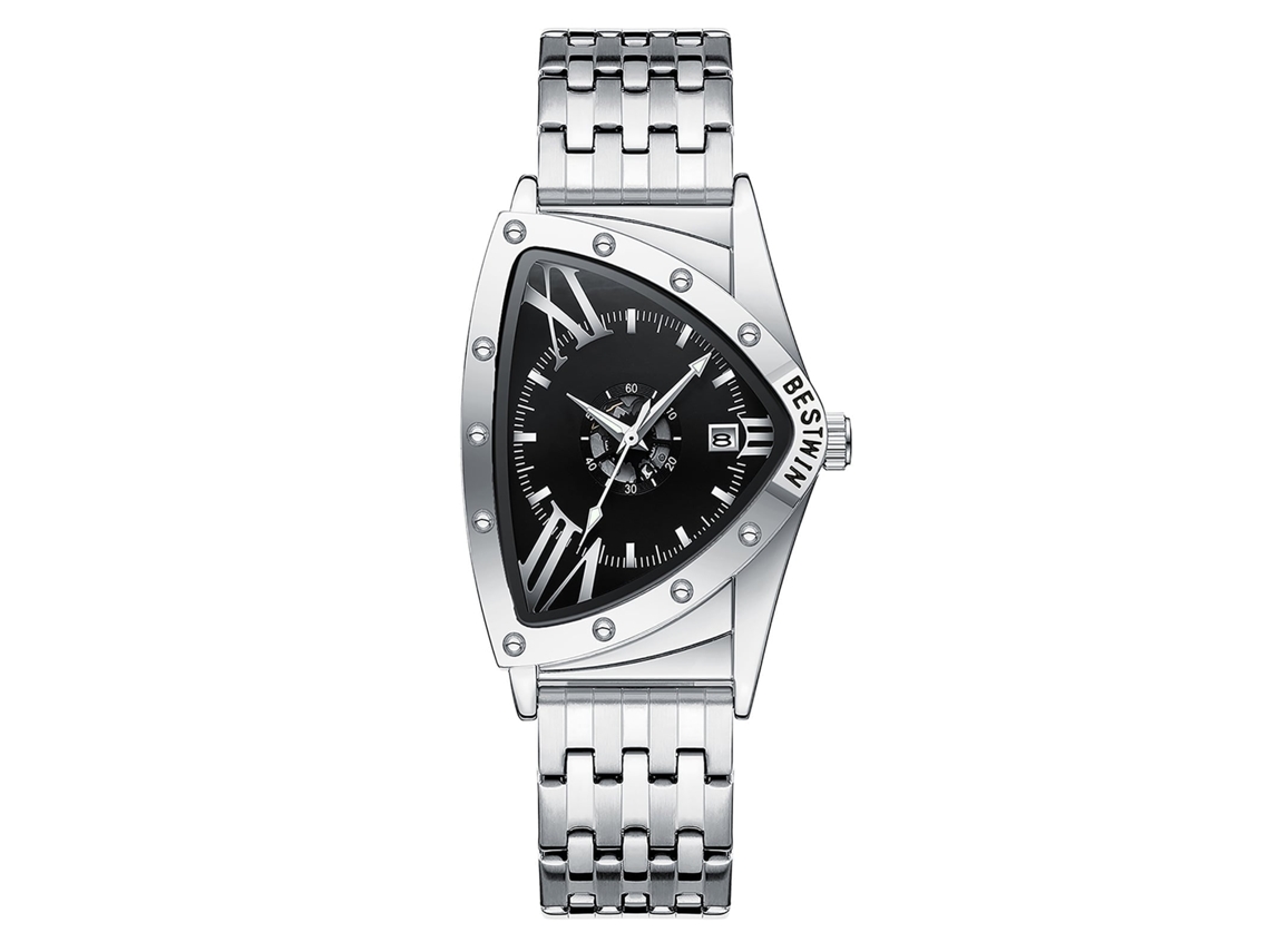 Relógio de quartzo MDUG com design esqueleto prateado branco e preto