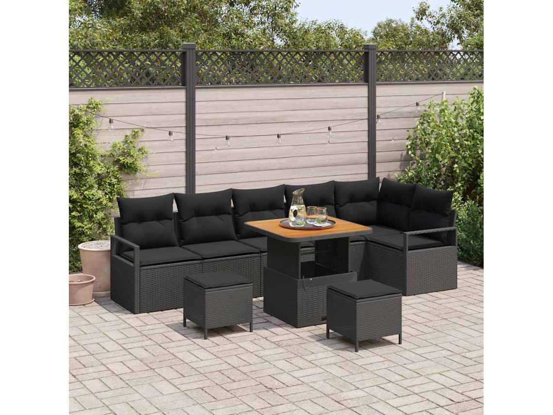 Vidaxl Conjunto De Sofá De Jardim Com Almofada 9 Pcs Preto