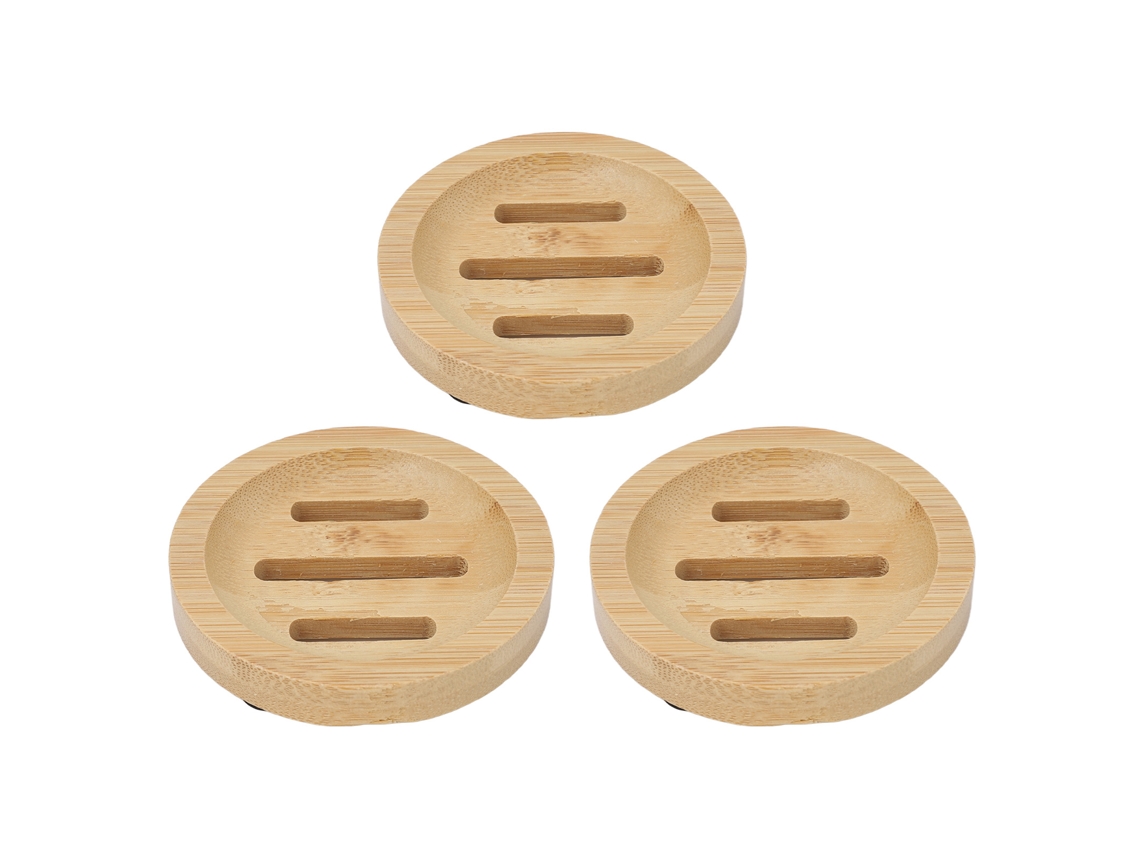 Conjunto de 3 saboneteiras redondas de bambu para banheiro e cozinha, elegantes e retrô, com drenagem automática.