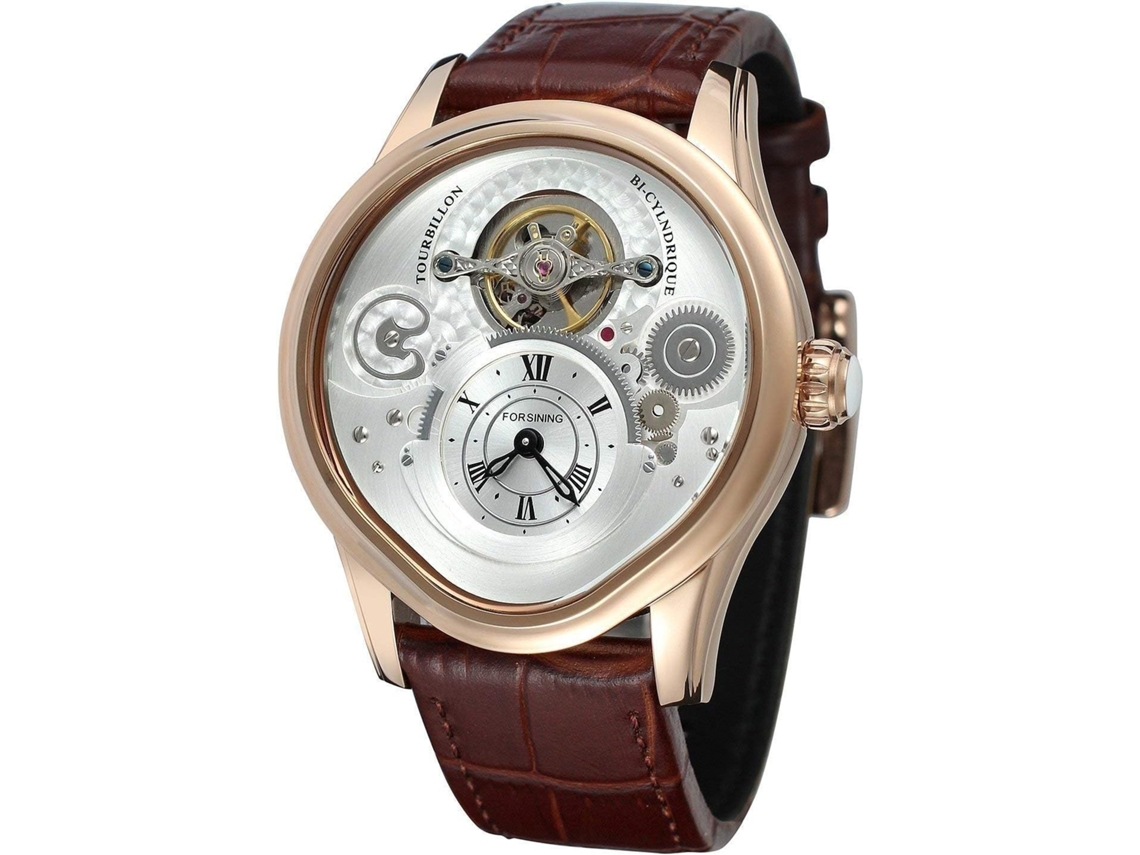 Lurelia Relógio Mecânico Masculino, Automático, 46 Mm, 12 Mm, Aço Inoxidável, Couro, Resistente À Água 30m, Branco, Dourado