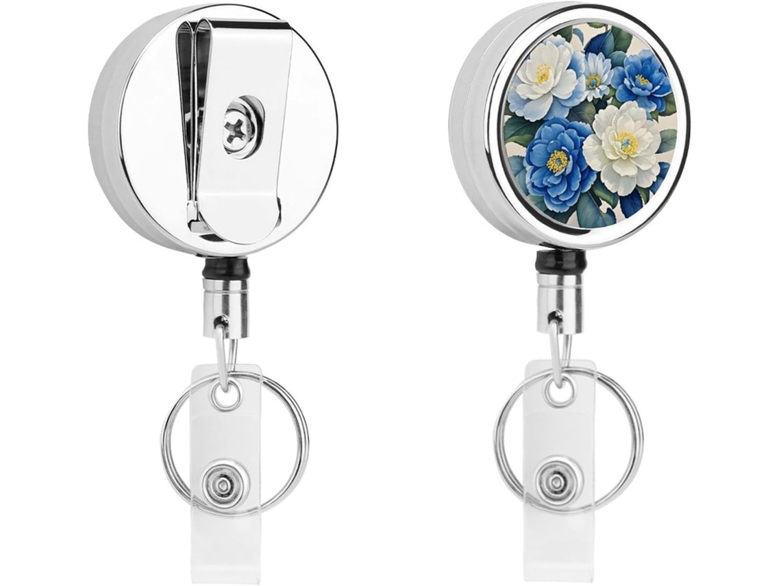 Porta Crachá Retrátil Com Mosquetão E Chaveiro Argola, Estampa Floral Azul E Branca, Carretéis De Metal Reforçados