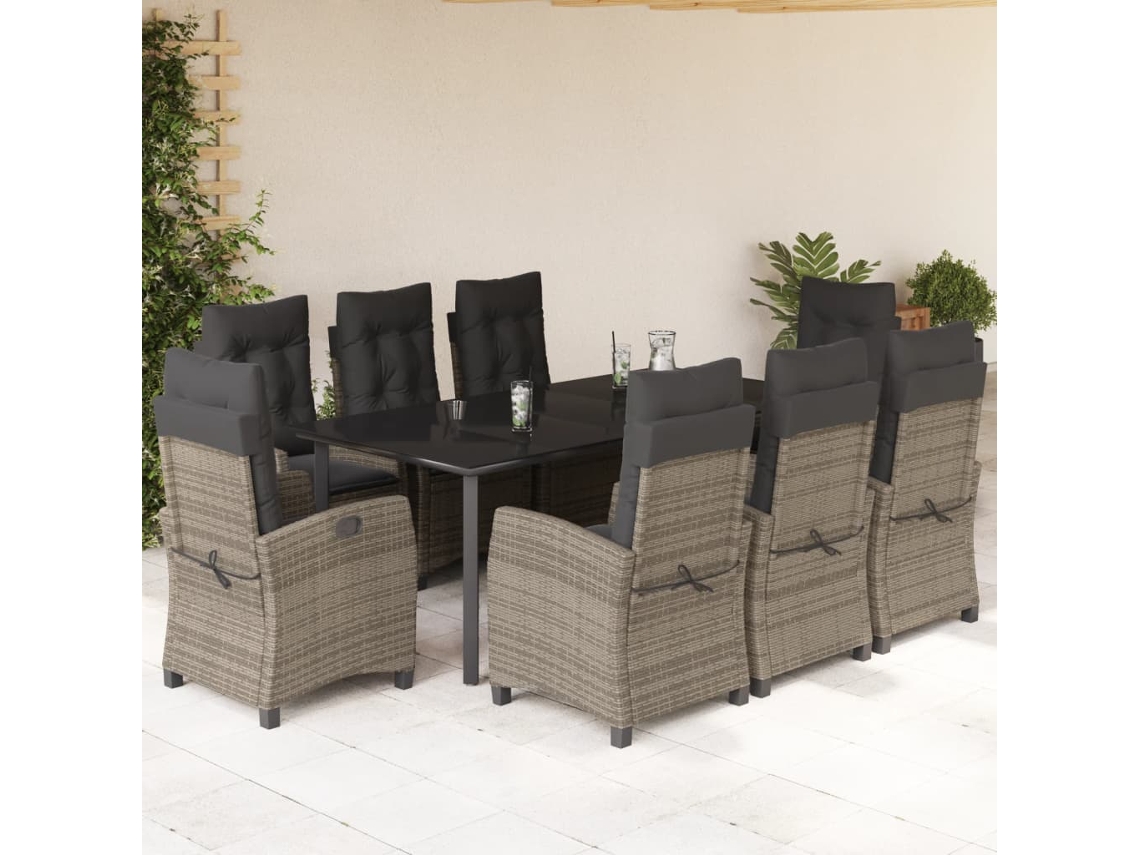 Vidaxl 9 Pcs Conjunto De Jantar P/ Jardim C/ Almofadões Vime Pe Cinza