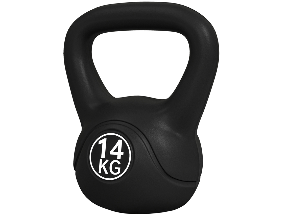 Kettlebell de 14 kg em plástico e areia com base plana e alça, preto.