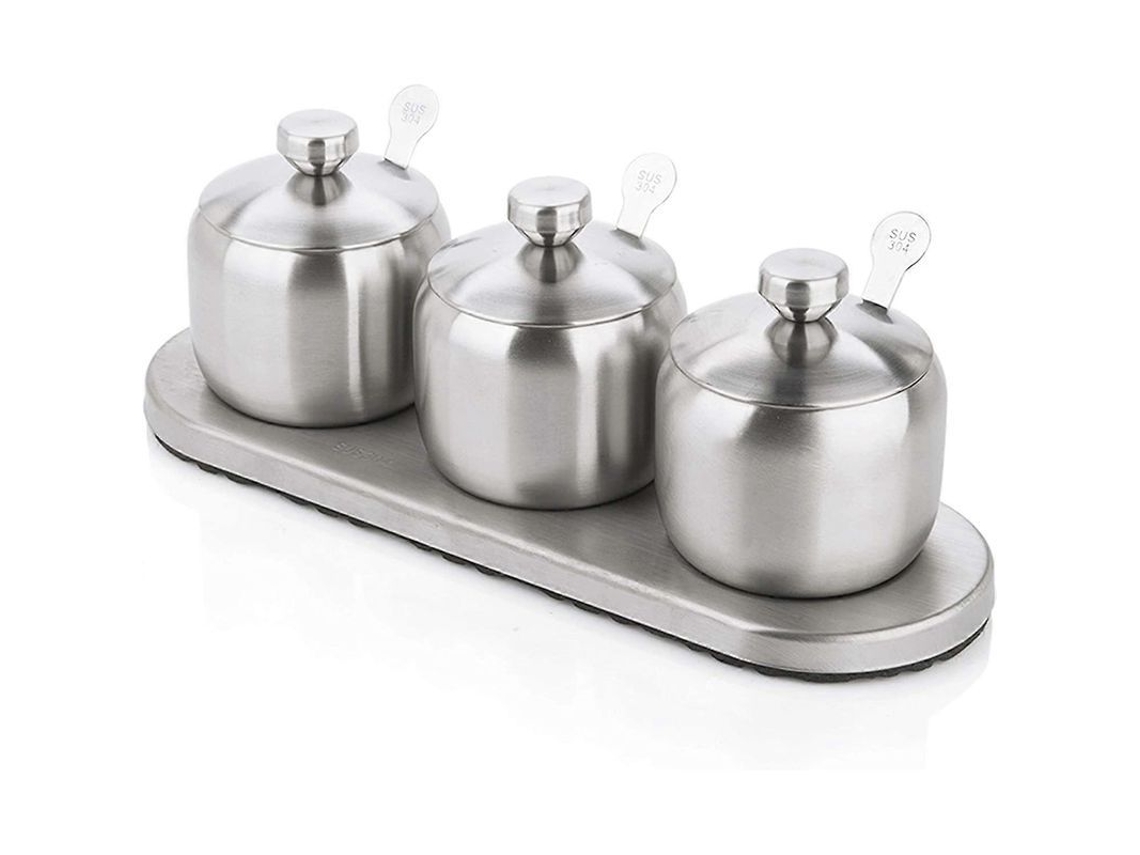 Conjunto De 3 Potes De Tempero Em Aço Inoxidável 18/8 6 Onças Com Tampa E Colher Anti-deslizante
