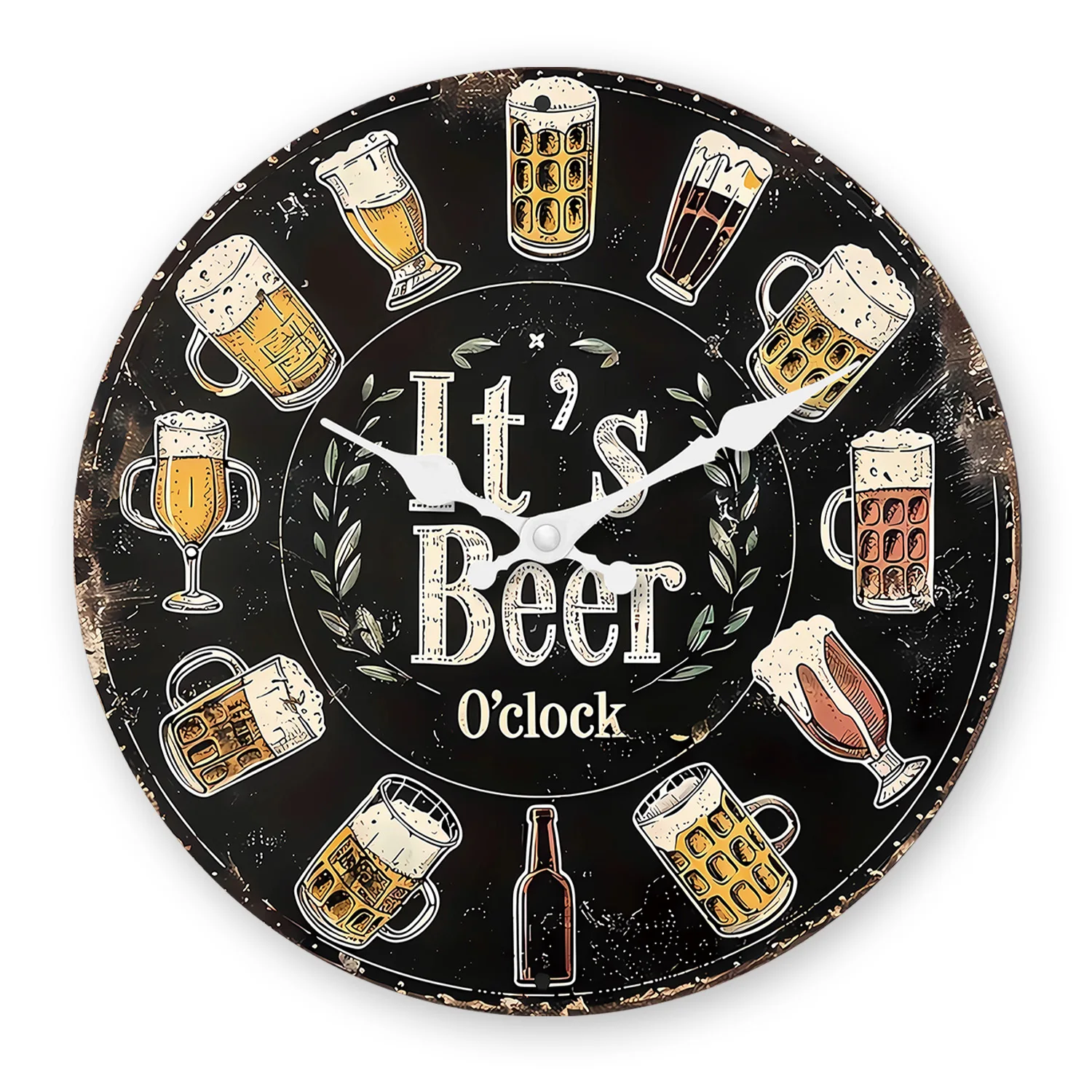 Relógio de parede de madeira (25 cm) com estampa retrô de lata de cerveja americana, relógio de quartzo silencioso