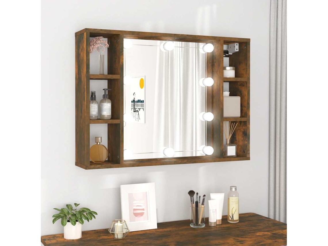 Vidaxl Armário Espelhado Com Led 76x15x55 Cm Carvalho Fumado