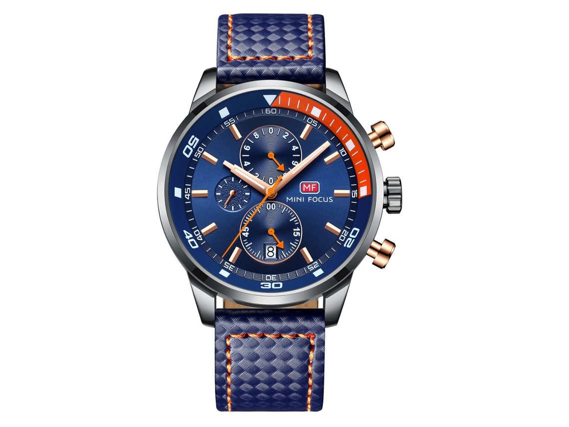 Relógio esportivo casual analógico Mini Focus masculino com pulseira de PU azul à prova d'água.