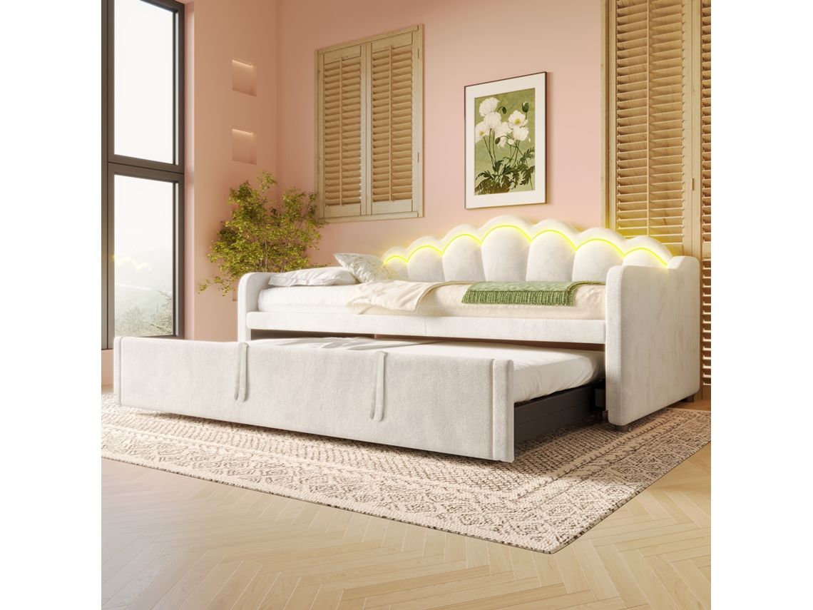 Sofá-cama Com Gaveta 90x200 Cm (180x200 Cm) - Cama Extensível, Sofá-cama Individual E Duplo, Veludo, Faixa Led Colorida, Sem Colchão - Bege