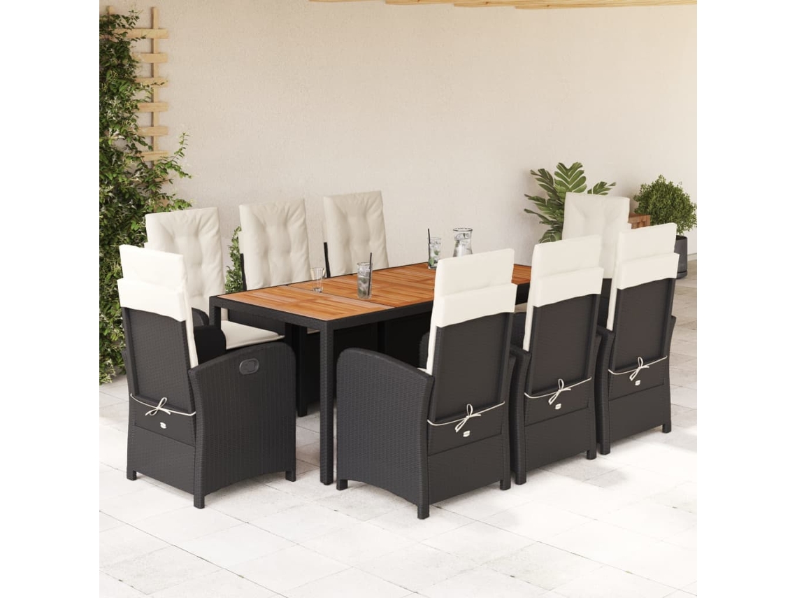 Vidaxl 9 Pcs Conjunto De Jantar P/ Jardim C/ Almofadões Vime Pe Preto
