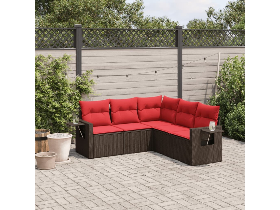 Vidaxl Conjunto De Sofá De Jardim De 5 Peças Com Almofadas Em Rattan Sintético Marrom