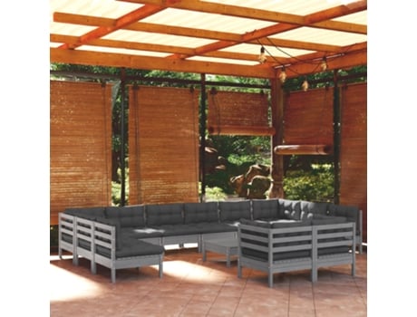 Conjunto de Relax com 13 Peças com Almofadas (63,5 x 63,5 x 62,5 - Madeira - Cinzento)