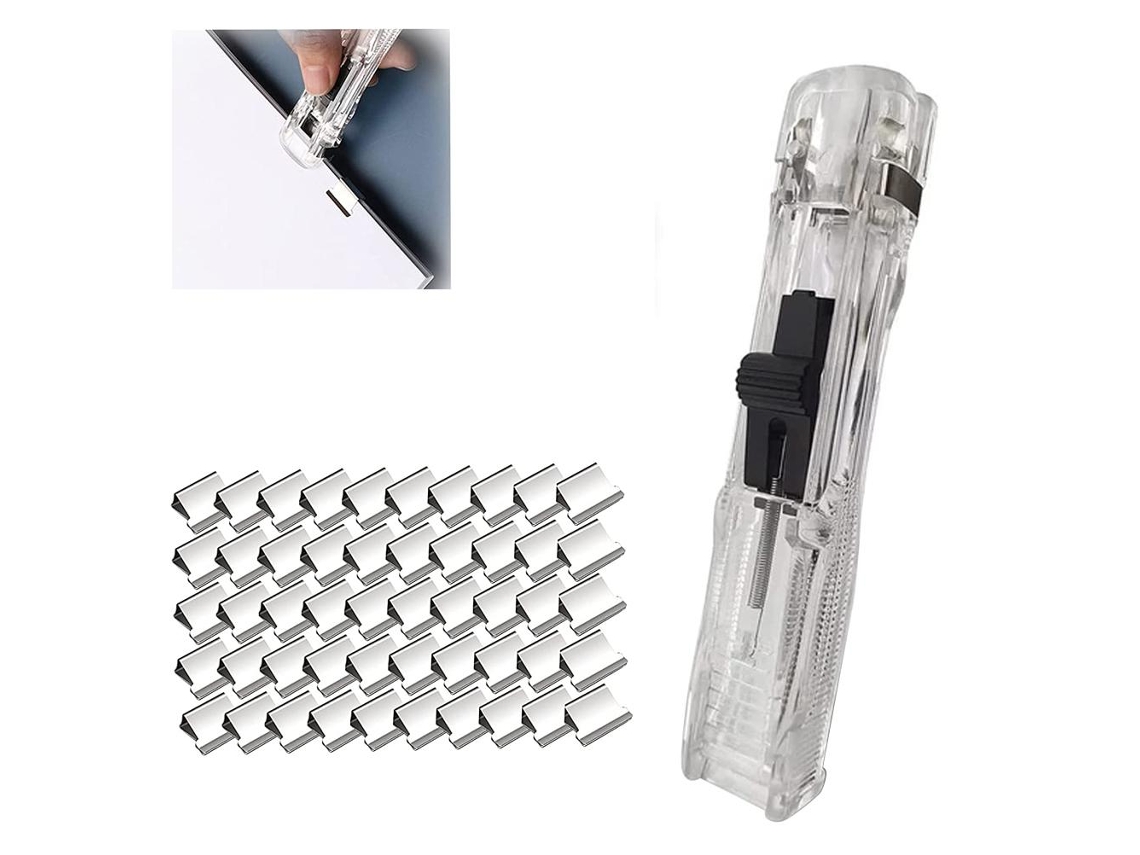 Grampeador de Acrílico Transparente Mini Conjunto com 50 Grampos Reutilizáveis para Escritório Lar Escola