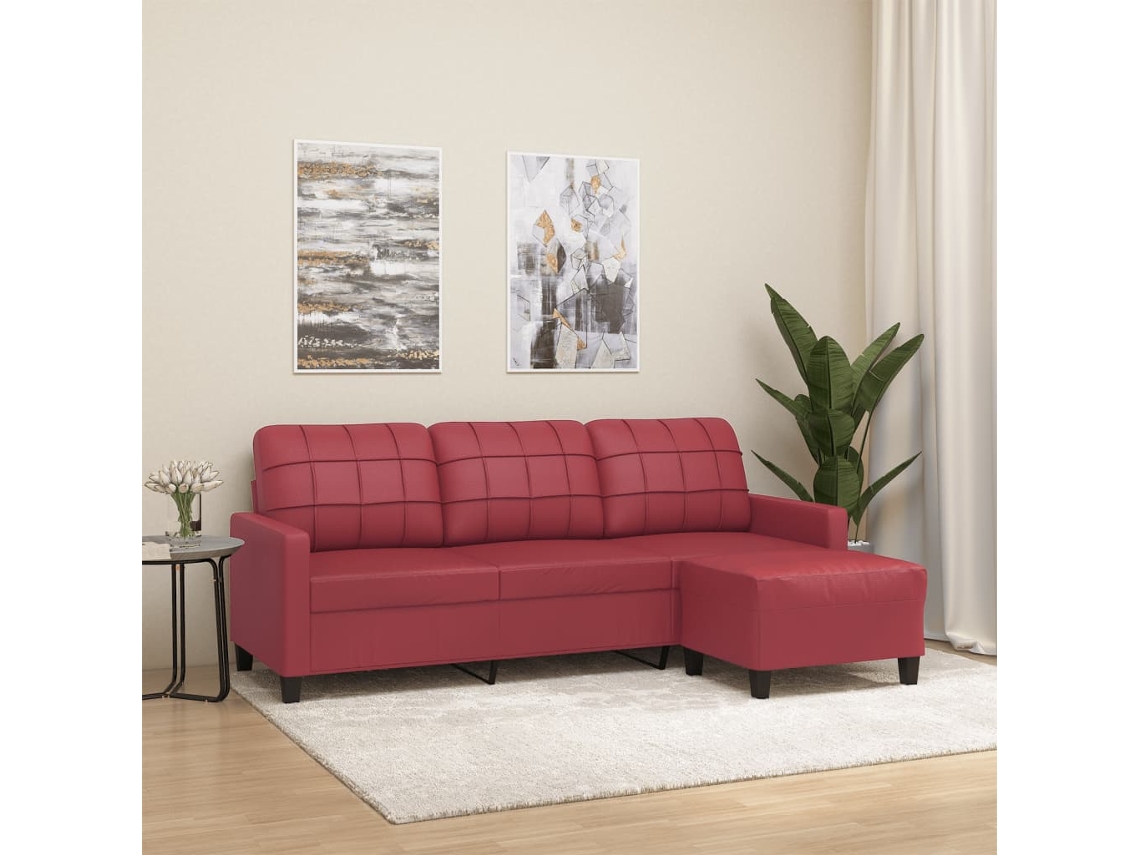 Vidaxl Sofá 3 Lugares C/ Apoio Pés 180 Cm Couro Artif. Vermelho Tinto