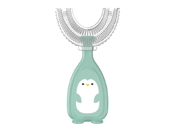 Escova de Dentes Manual Infantil com Desenho Pinguim, Formato U, Rotação 360 ​​graus, Mordedor, Silicone Mac Io, Verde, Grande. GOKOCO